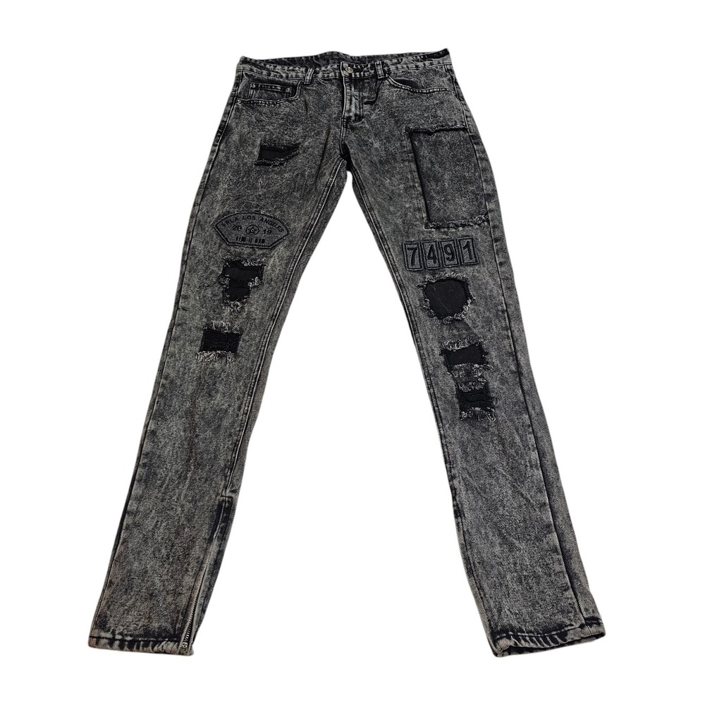 Y&R‎ Acid Wash Distressed Denim Jeans Patches Slim Fit Black Gray Mens 33 *READ*